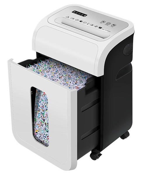 Biało-czarna niszczarka do papieru z pełnym koszem.