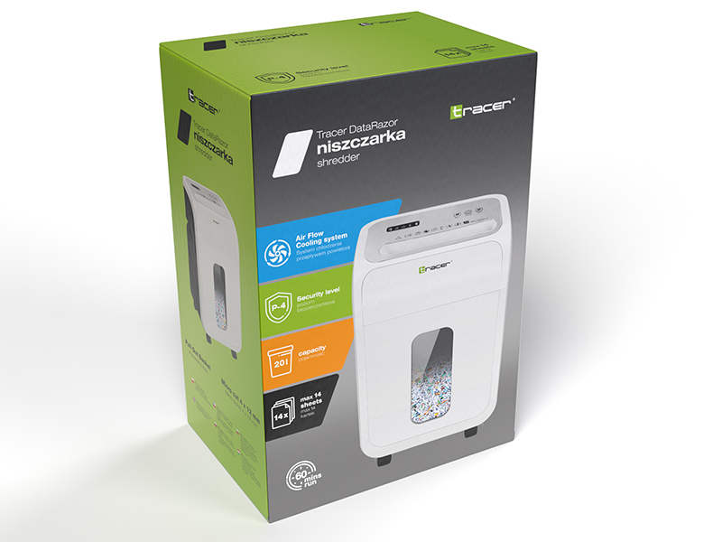 Pudełko białej niszczarki do papieru z wymienionymi cechami.