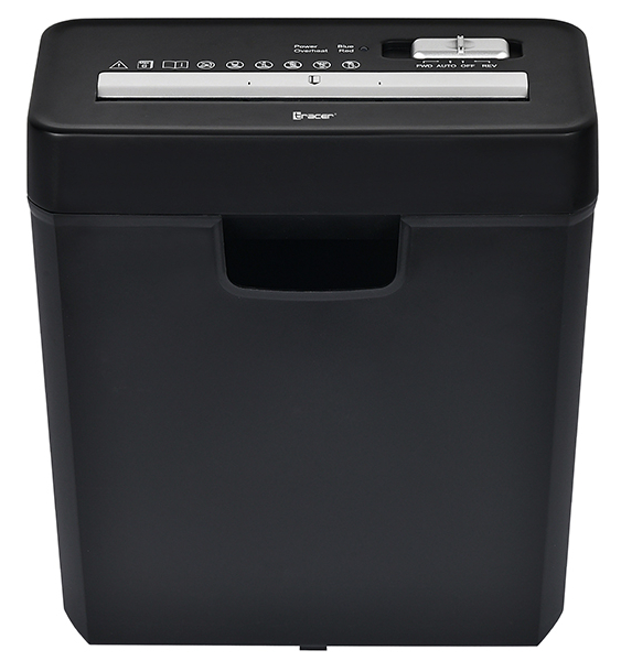 Czarna niszczarka do papieru z elementami sterującymi i wgłębieniami uchwytu.