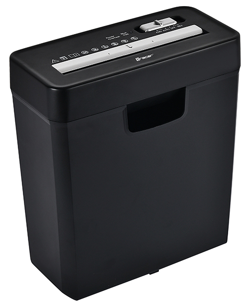 Czarna niszczarka do papieru ze srebrnym panelem sterowania i wycięciem na uchwyt, pokazana na białym tle.