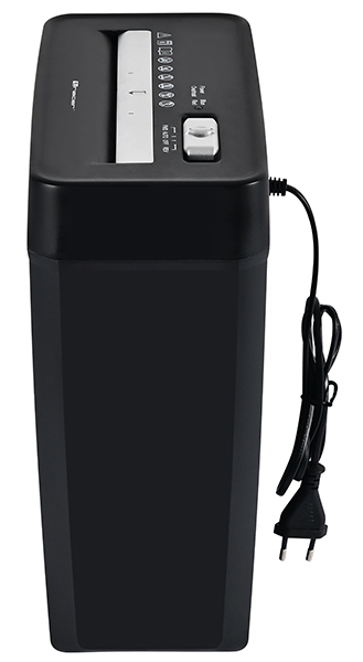 Czarna niszczarka do papieru ze srebrnym otworem podawczym i przyciskami.