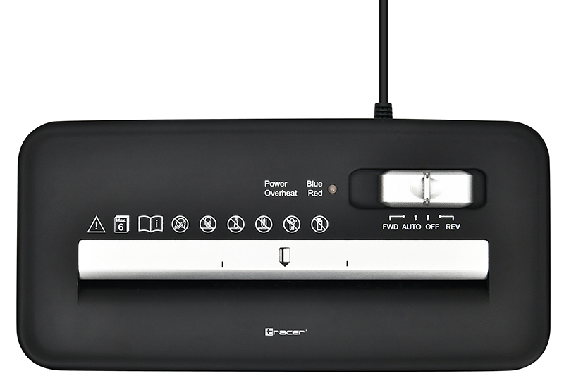 Czarna niszczarka do papieru z srebrnymi elementami sterującymi i symbolami.