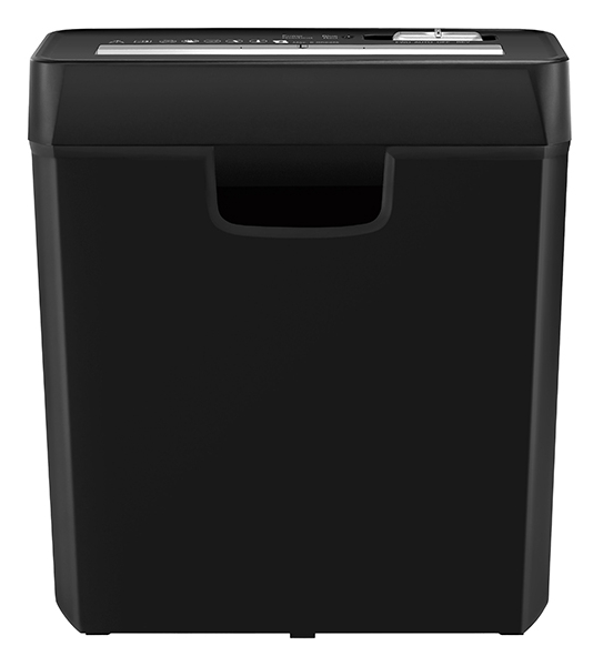 Czarna niszczarka do papieru z wgłębionym uchwytem i elementami sterującymi.