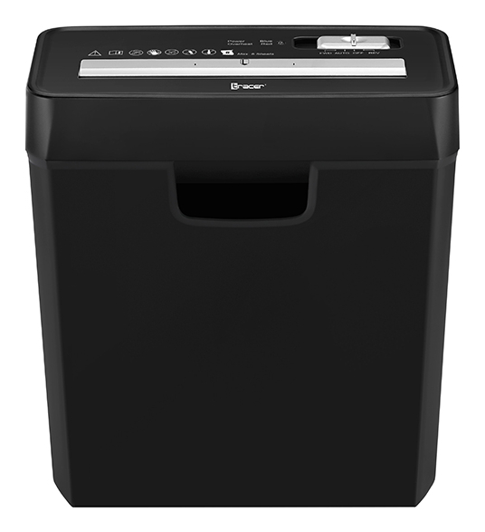 Czarna niszczarka do papieru z elementami sterującymi i szczeliną na górze.