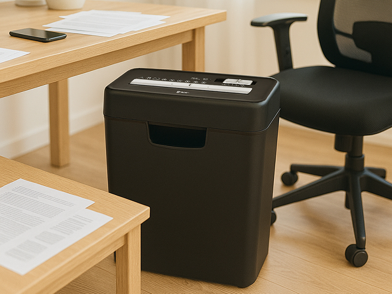 Czarna niszczarka do papieru obok krzesła biurowego na drewnianej podłodze.