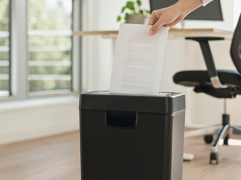 Ręka wkłada kartkę papieru do niszczarki w biurze.