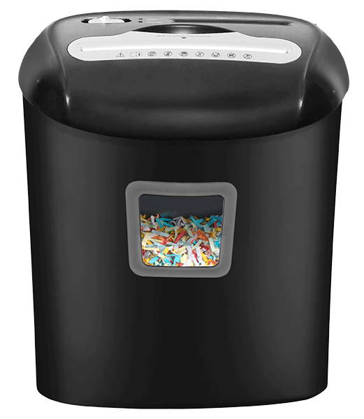 Czarna niszczarka do papieru z okienkiem pokazującym kolorowe ścinki.