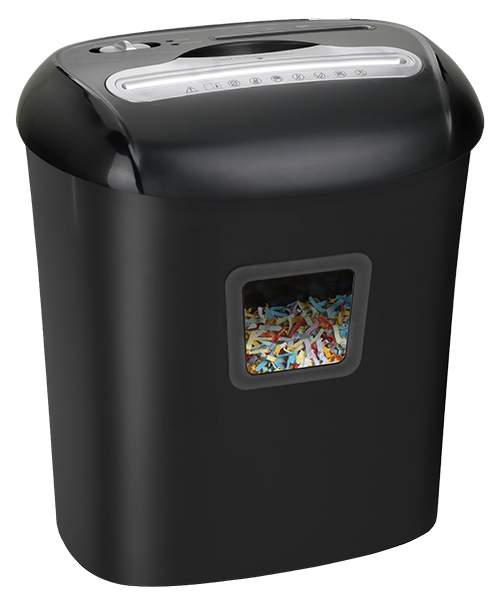 Czarna niszczarka do papieru z okienkiem pokazującym poszarpany kolorowy papier.
