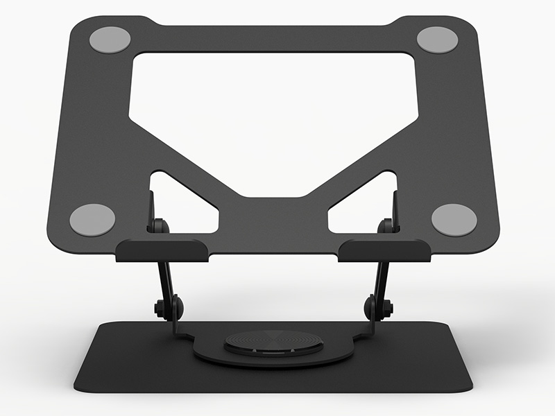 Czarny metalowy stojak na laptopa z regulowanymi przegubami i gumowymi nóżkami.