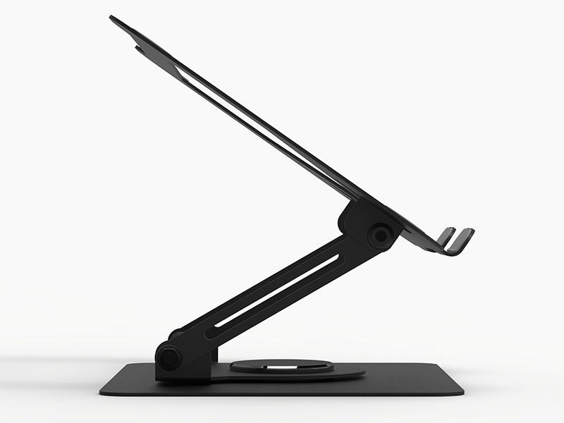 Czarny, regulowany stojak na laptopa na białym tle.