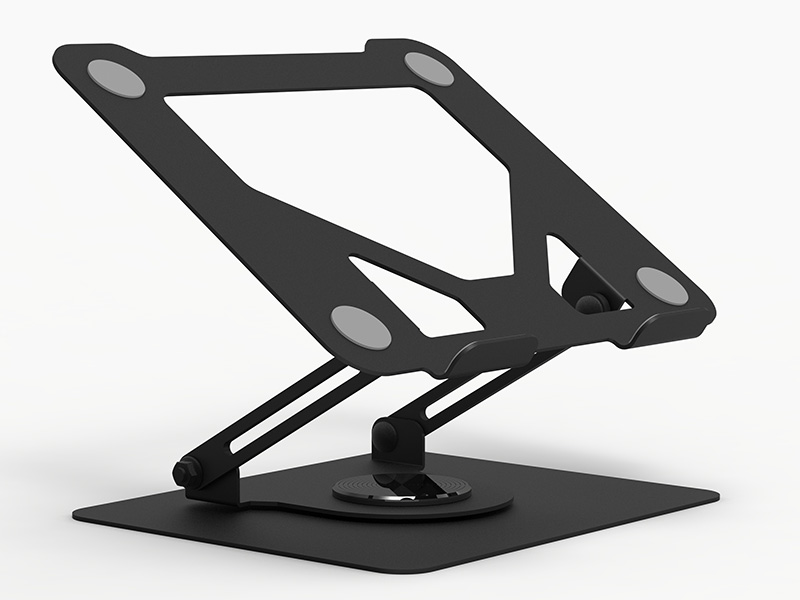 Czarny, regulowany stojak na laptopa z obrotową podstawą na białym tle.