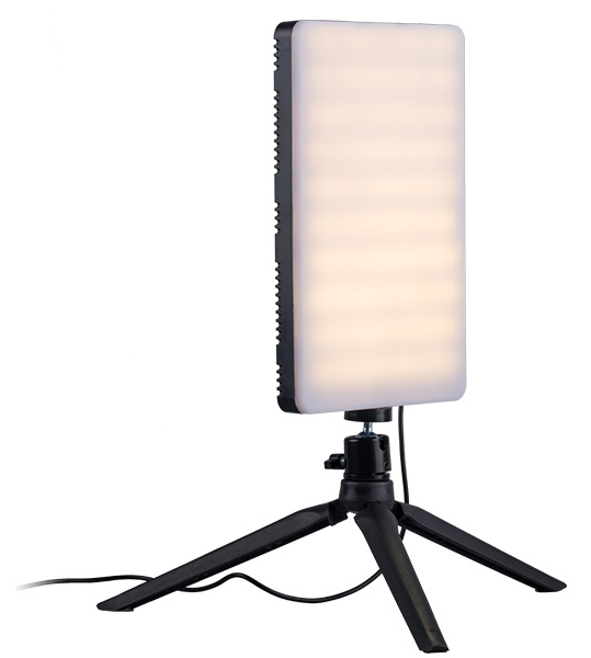 Prostokątne światło LED na mini statywie, na białym tle.