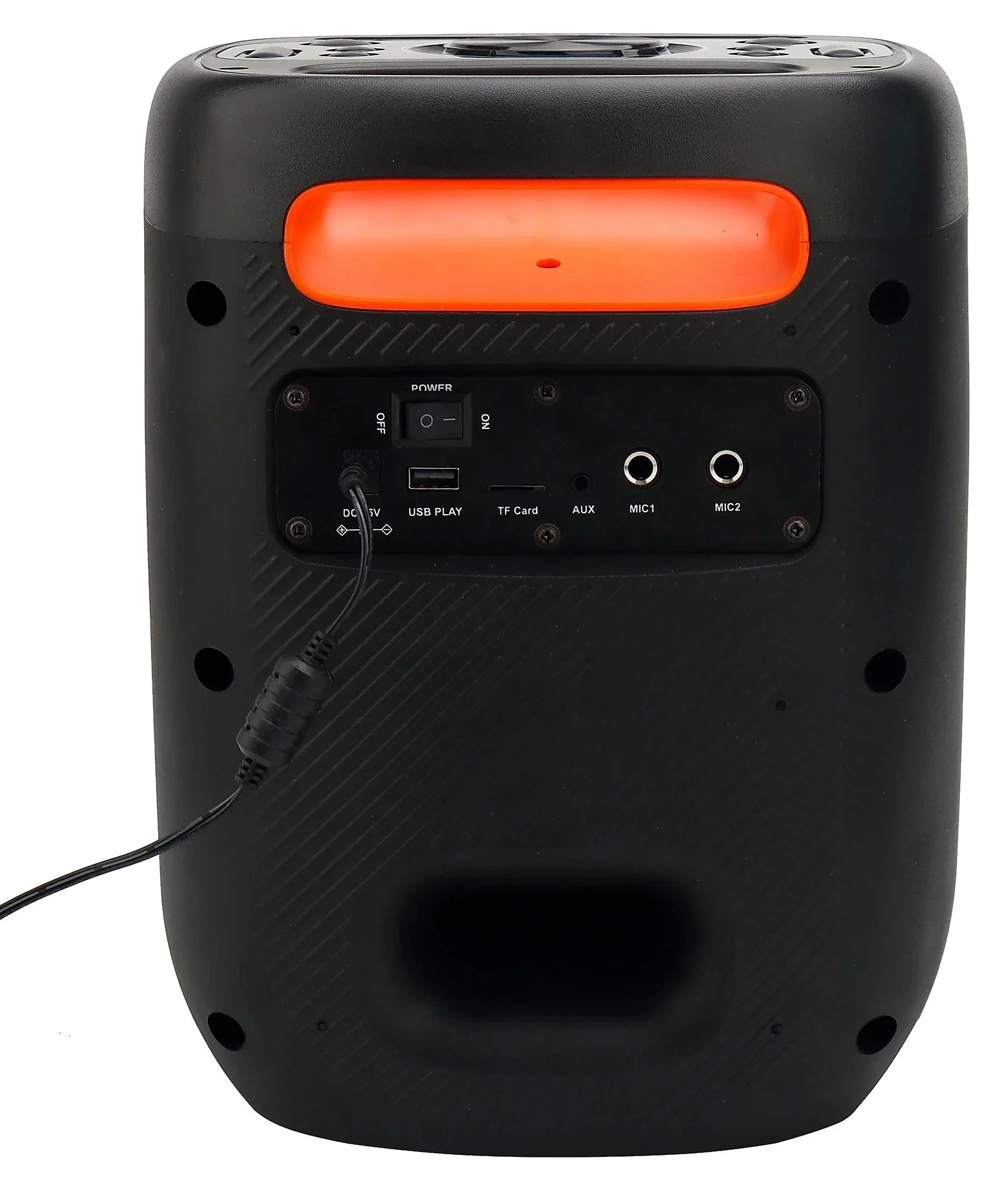 Czarny głośnik z pomarańczowym uchwytem i portami. Wejścia zasilania, USB, TF, Aux, Mic.