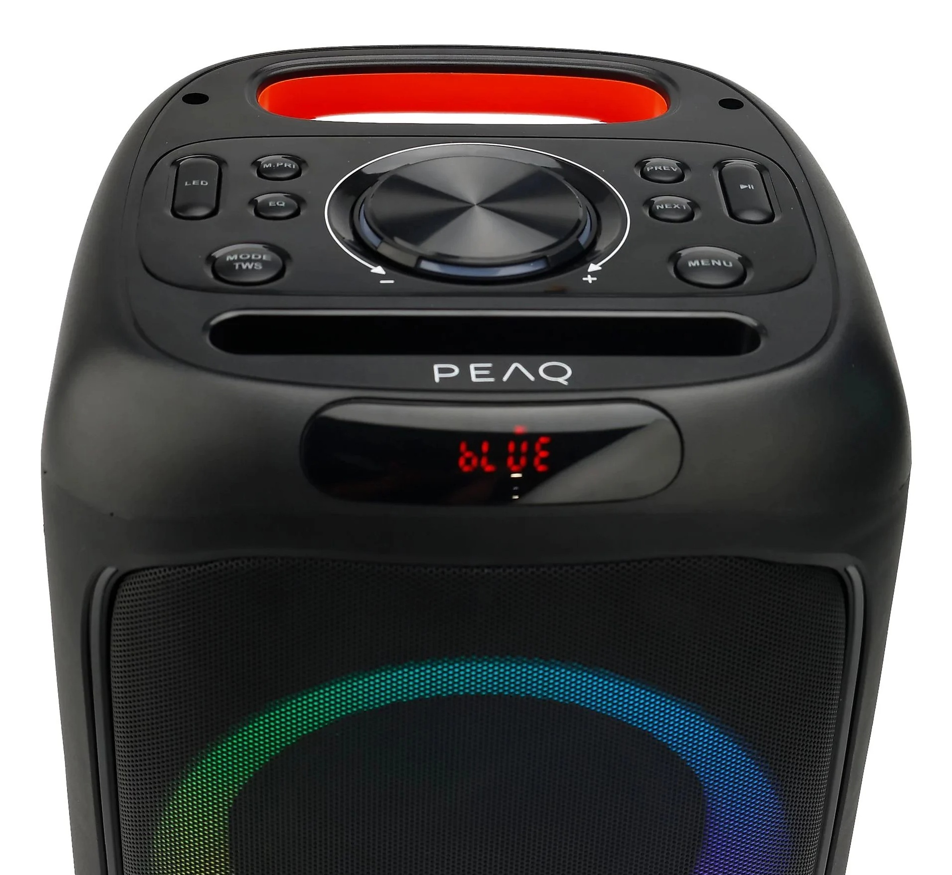 Czarny głośnik z czerwonym uchwytem, pokrętłem sterującym i kolorowym podświetleniem LED.