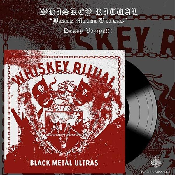 Albumcover mit Vinyl-Schallplatte: "Whiskey Ritual", "Black Metal Ultras".