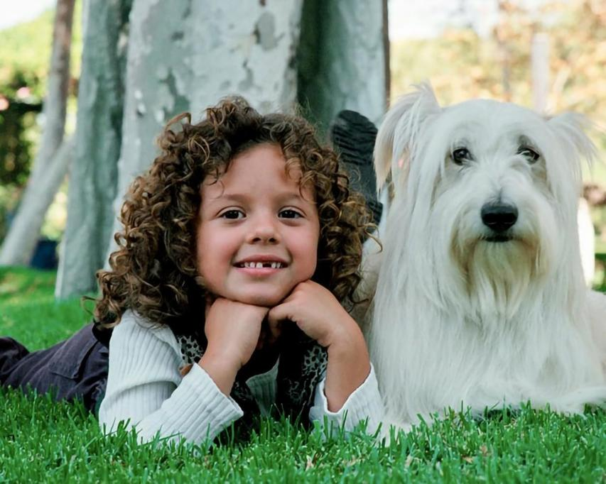 Ein Mädchen mit lockigem Haar und ein weißer Hund liegen auf dem Gras.