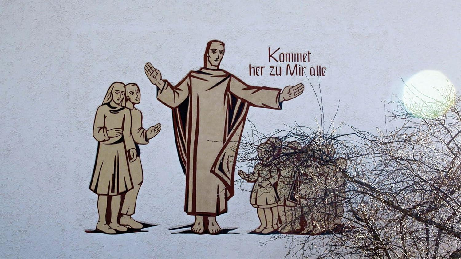 Gemälde von Jesus, der zwei Figuren und Kinder empfängt. Text: Kommet her zu Mir alle.