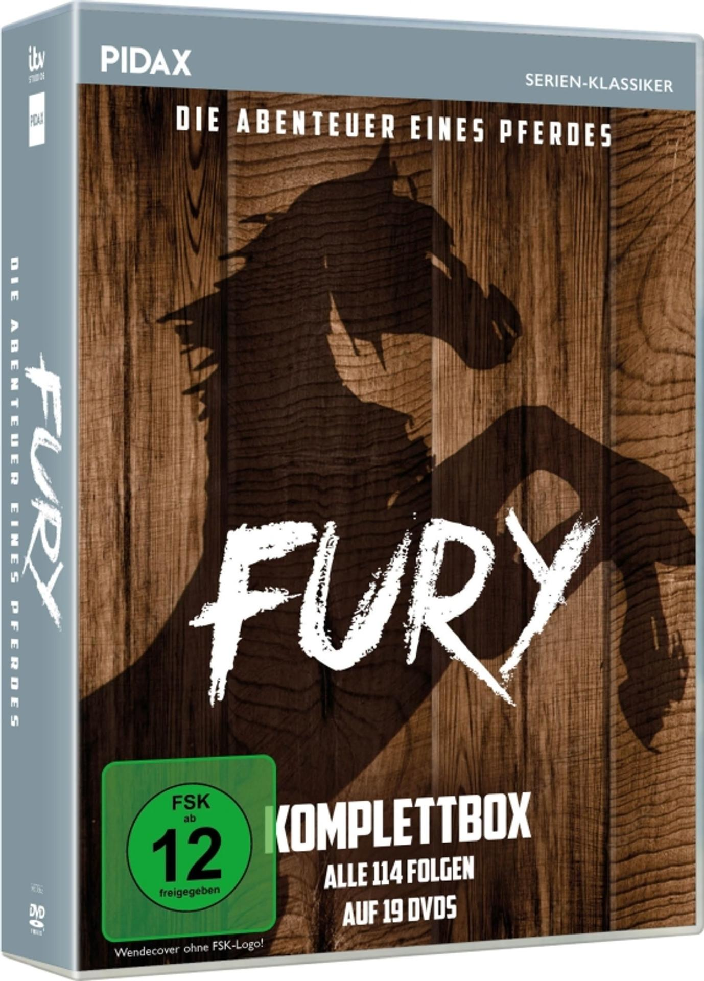 DVD-Box mit Pferdesilhouette und "Fury"-Schriftzug auf Holzoptik.