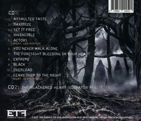Dunkler Wald mit unheimlichen Gestalten. Trackliste und Barcode sichtbar.