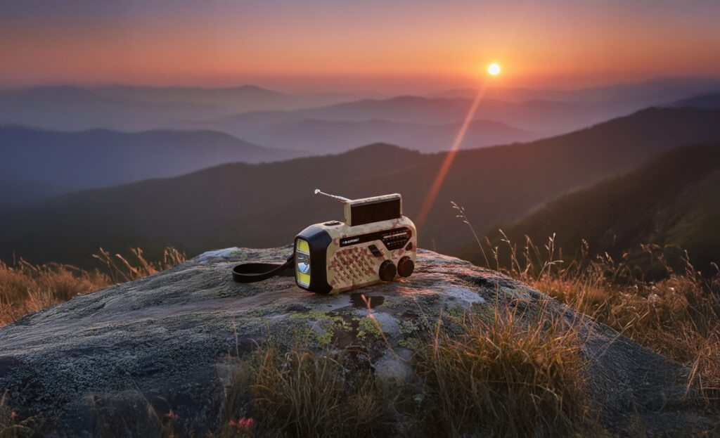 Radio z latarką na skale o zachodzie słońca.