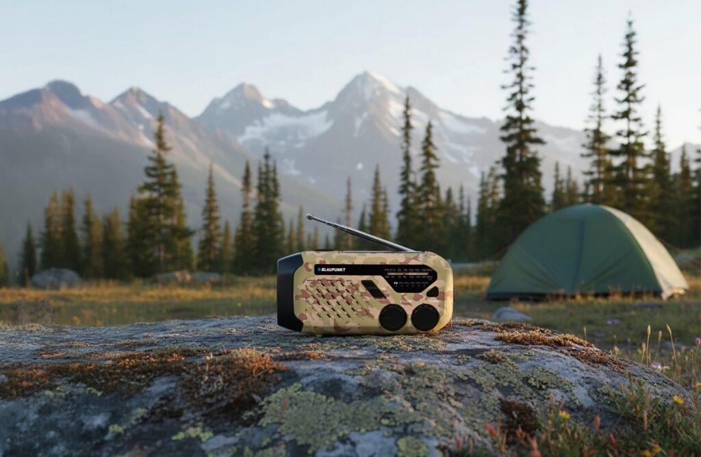 Radio w kamuflażu na skale, z namiotem i górami w tle.