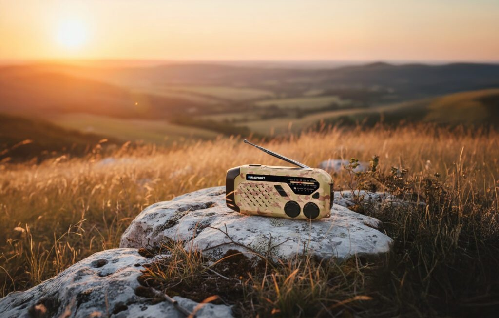 Radio w kamuflażu na kamieniu w trawiastym polu o zachodzie słońca.