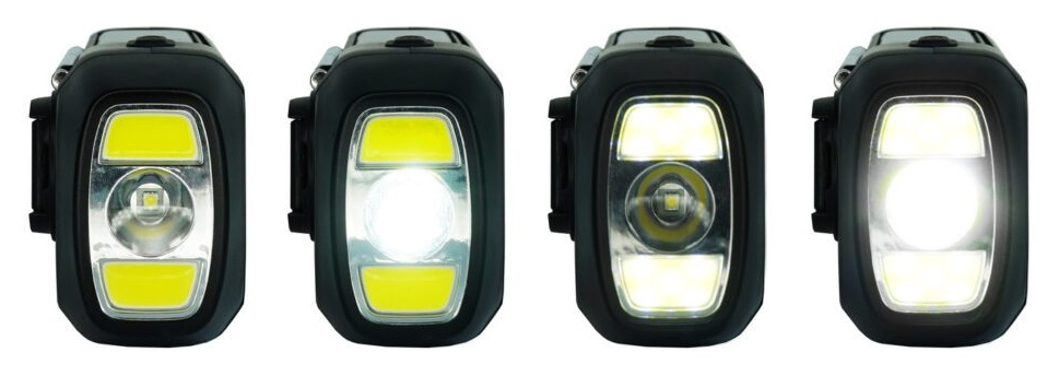 Cztery czarne latarki czołowe z diodami COB i centralną lampą. Dwie świecą.