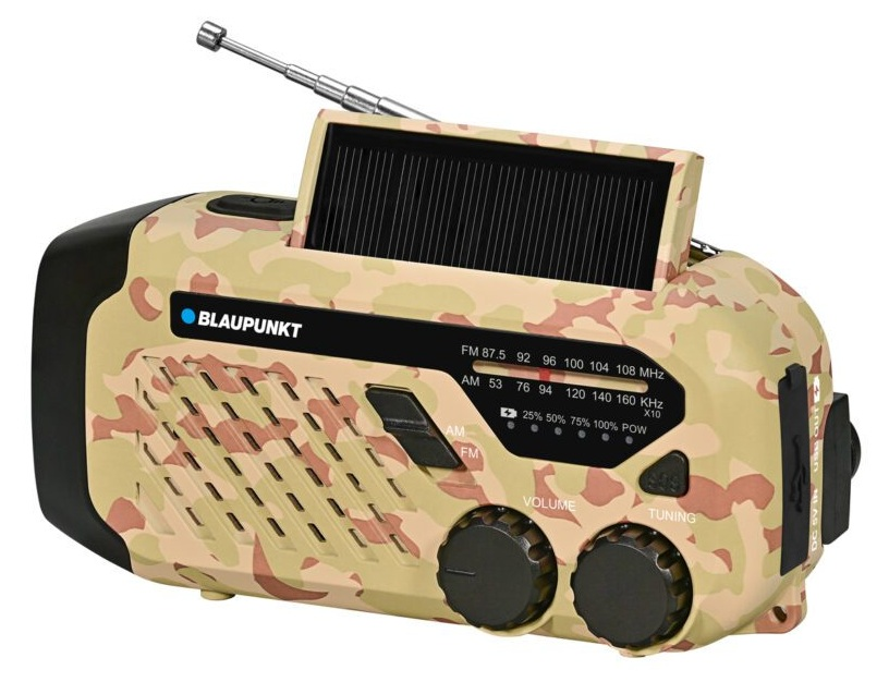 Przenośne radio Blaupunkt z panelem słonecznym i wzorem kamuflażu.