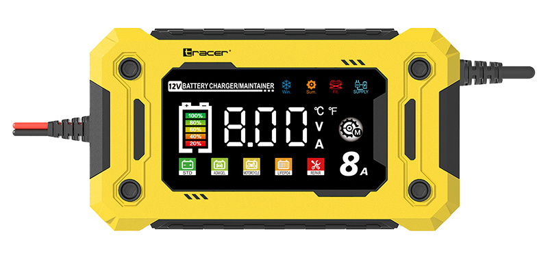 Żółta ładowarka akumulatorowa 12V z wyświetlaczem LCD pokazującym 8A.