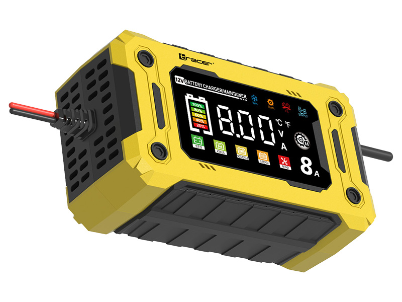 Żółta ładowarka akumulatorów z cyfrowym wyświetlaczem pokazującym 8.00V.