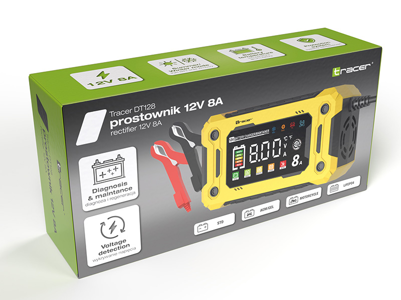 Żółty prostownik z czerwonym i czarnym zaciskiem, wyświetlacz cyfrowy.