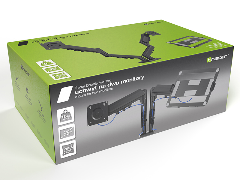 Pudełko uchwytu podwójnego ramienia Tracer, do 18kg, na dwa monitory.