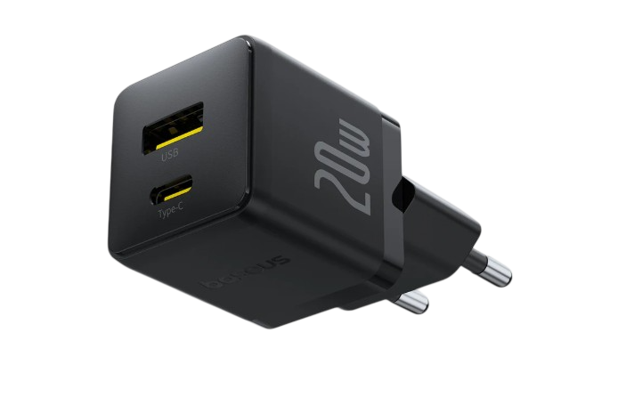 Siyah 20W USB-C ve USB çift portlu şarj cihazı.