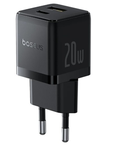 İki USB bağlantı noktalı ve AB fişli siyah 20W Baseus şarj cihazı.