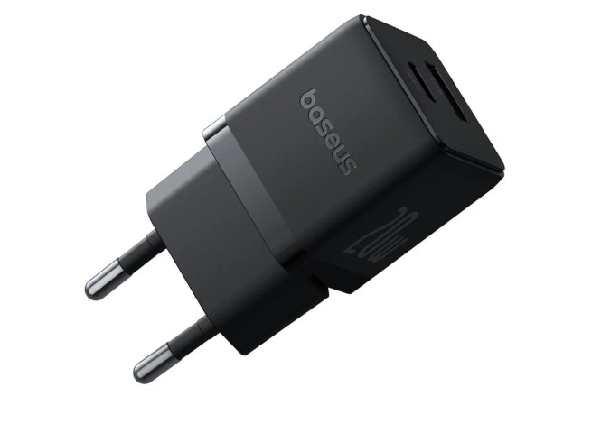 Siyah Baseus 20W USB-C şarj cihazı, prizler için iki pinli.