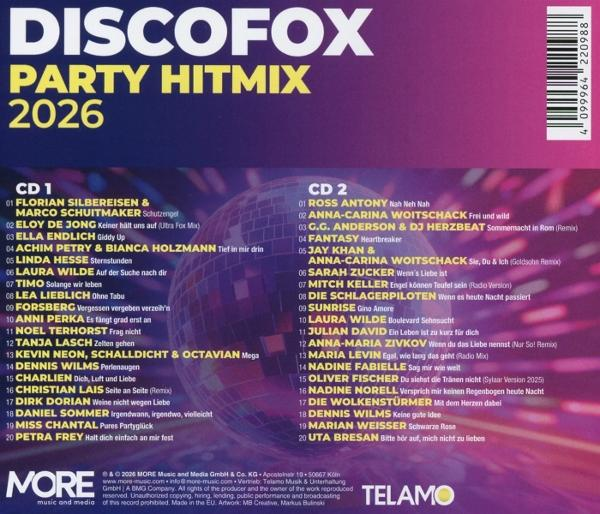 Cover mit Disco-Kugel und Songliste für 'Discofox Party Hitmix 2026'.