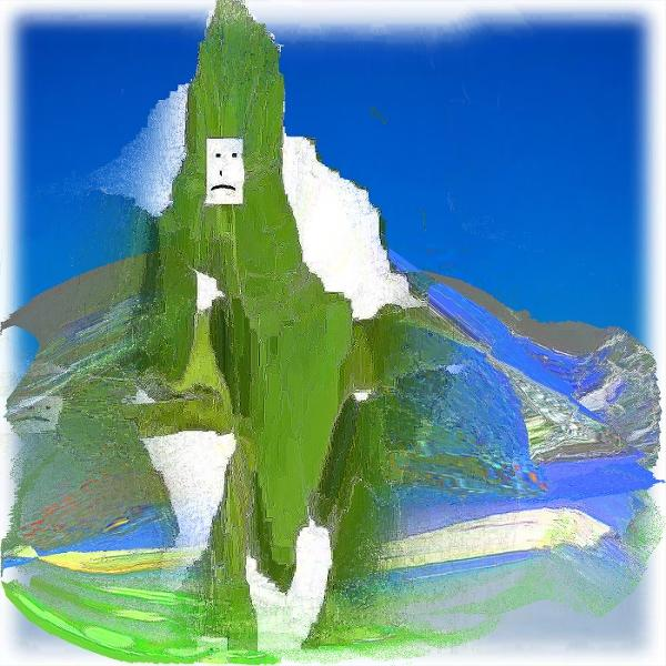 Eine grüne Bergfigur mit traurigem Gesicht vor blauem Himmel.