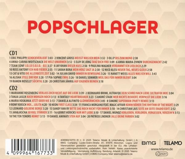Albumcover mit rotem Text 'POPSCHLAGER' und Tracklisten für CD1 und CD2.