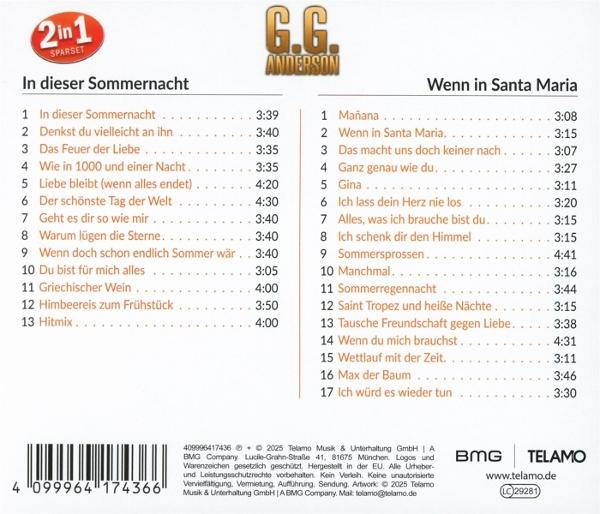 CD-Cover mit Songliste für G.G. Anderson. Zwei Alben: 'In dieser Sommernacht' und 'Wenn in Santa Maria'.