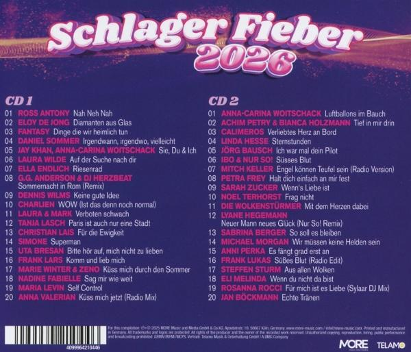 Schlager Fieber 2026 CD 1 und CD 2 Titellisten auf dunkelblauem Hintergrund.