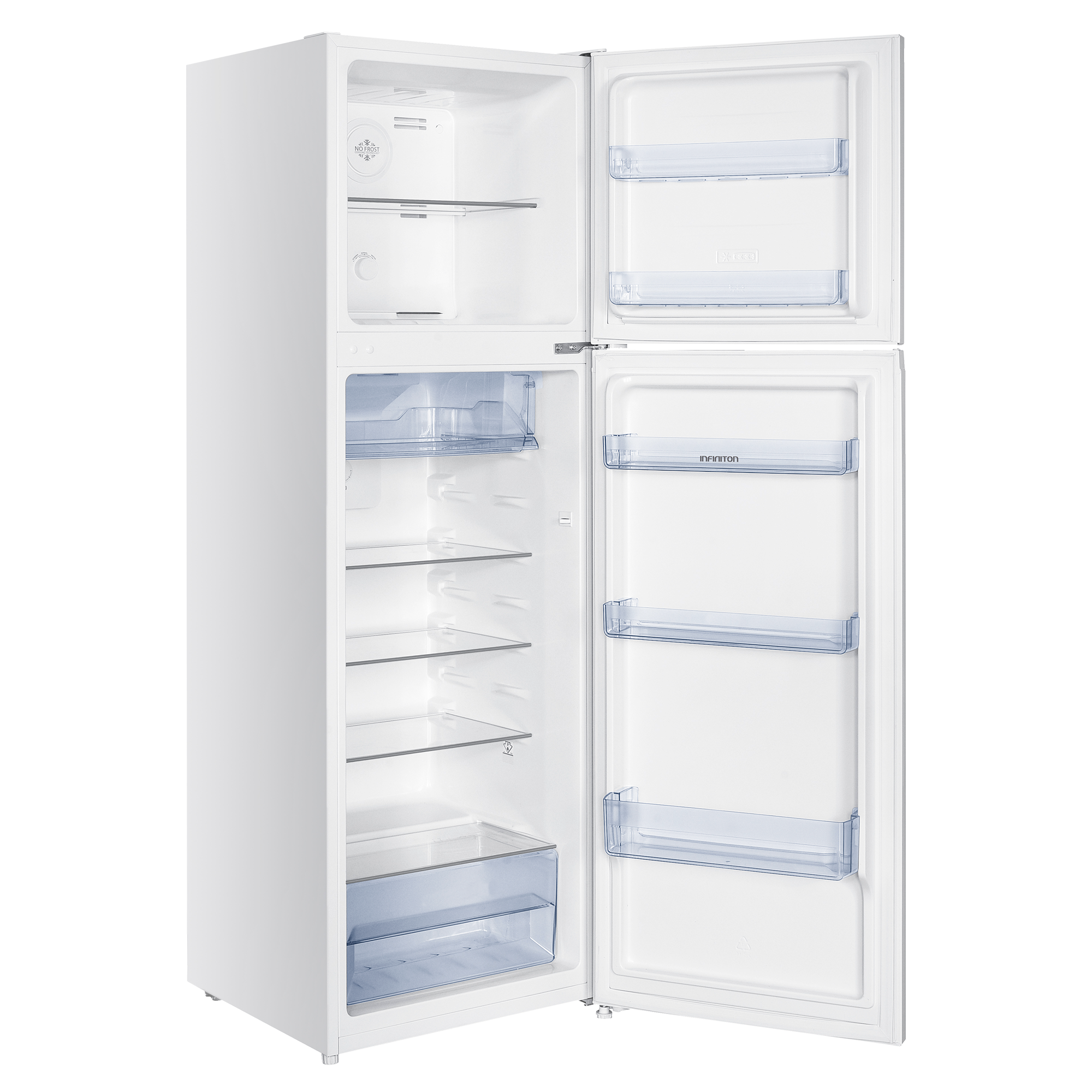 Refrigerador blanco con puertas abiertas, vacío por dentro. Compartimento congelador arriba.