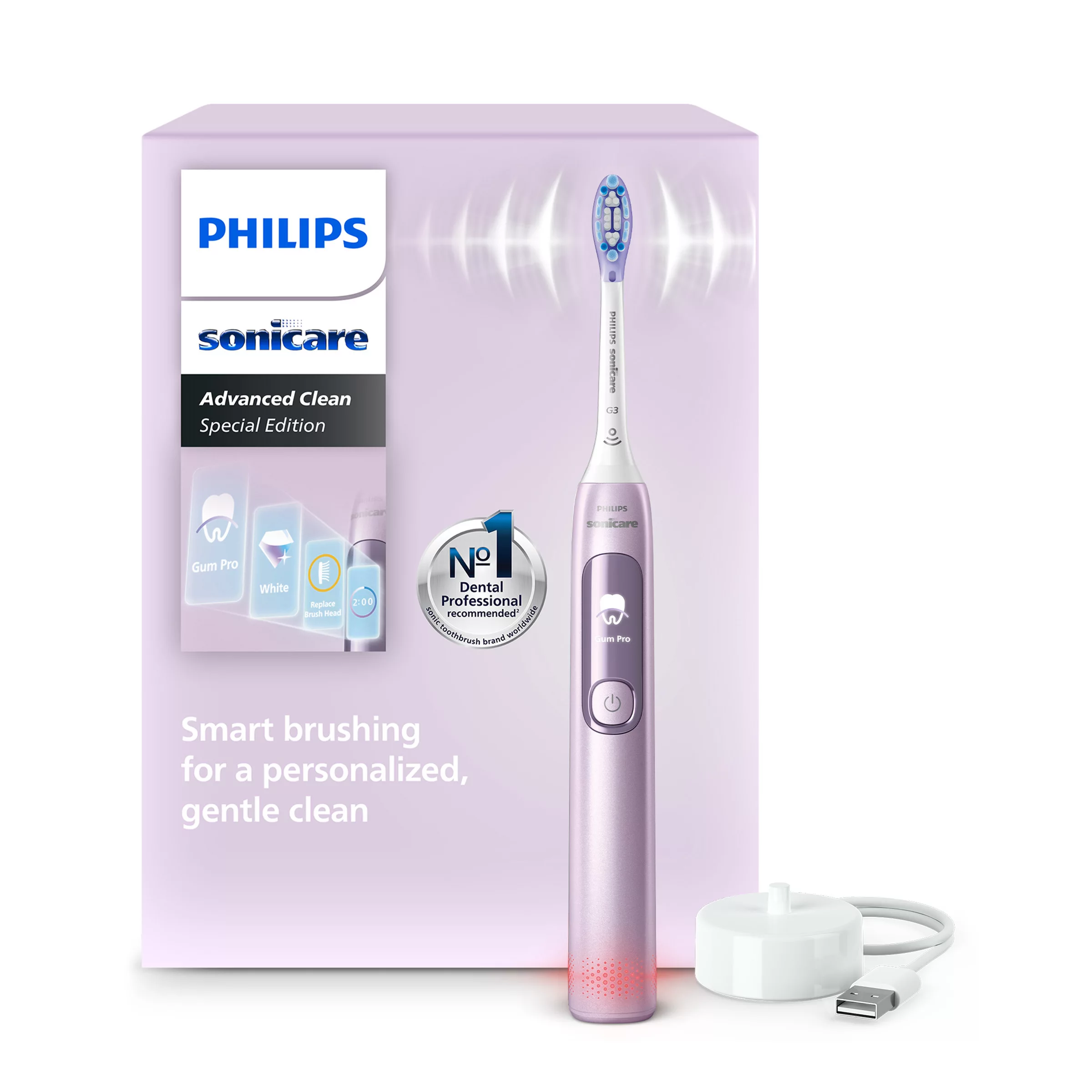 Fioletowa szczoteczka Philips Sonicare ze stacją ładującą.