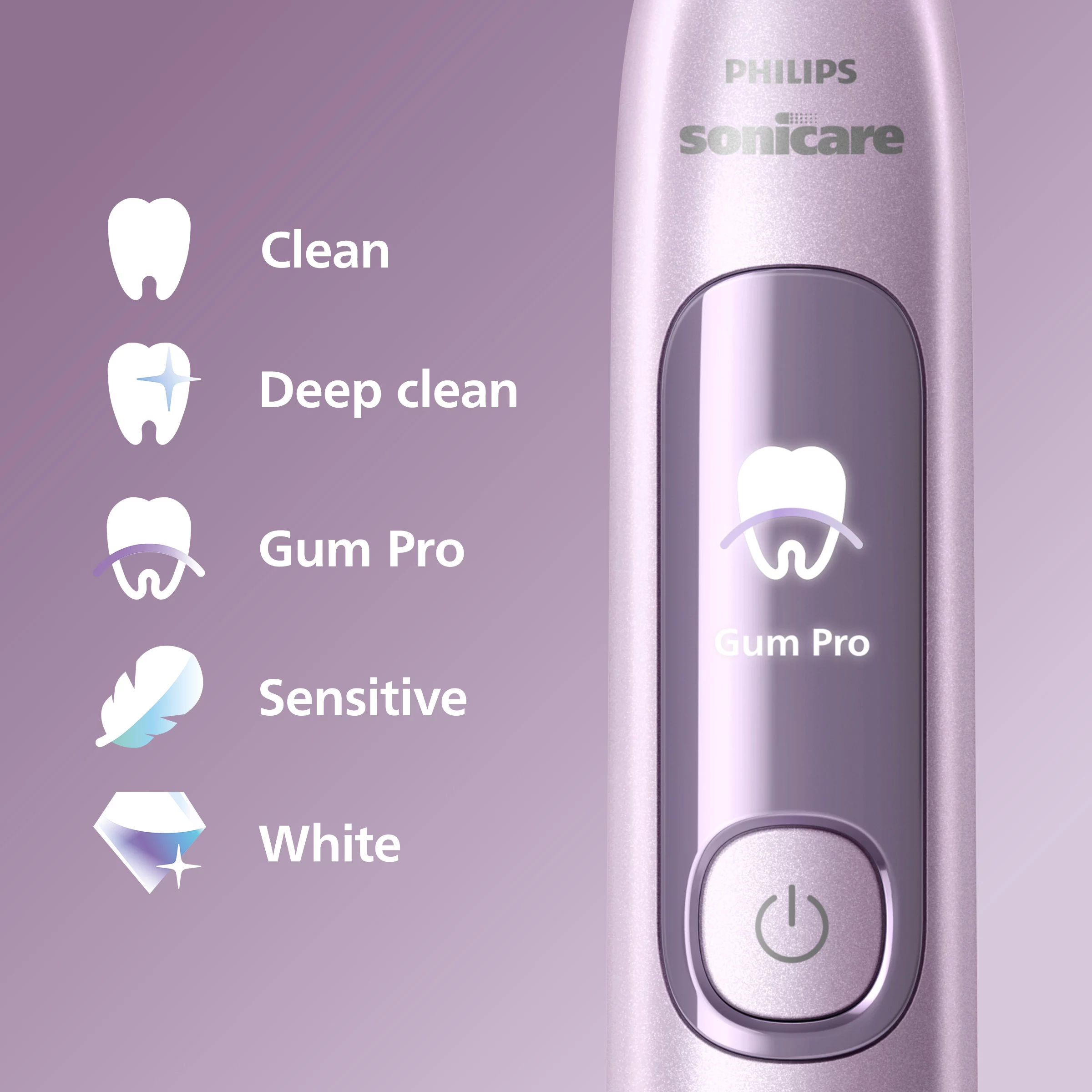 Fioletowy uchwyt szczoteczki Philips Sonicare z ikonami trybów: ząb, blask, dziąsło, pióro i diament.