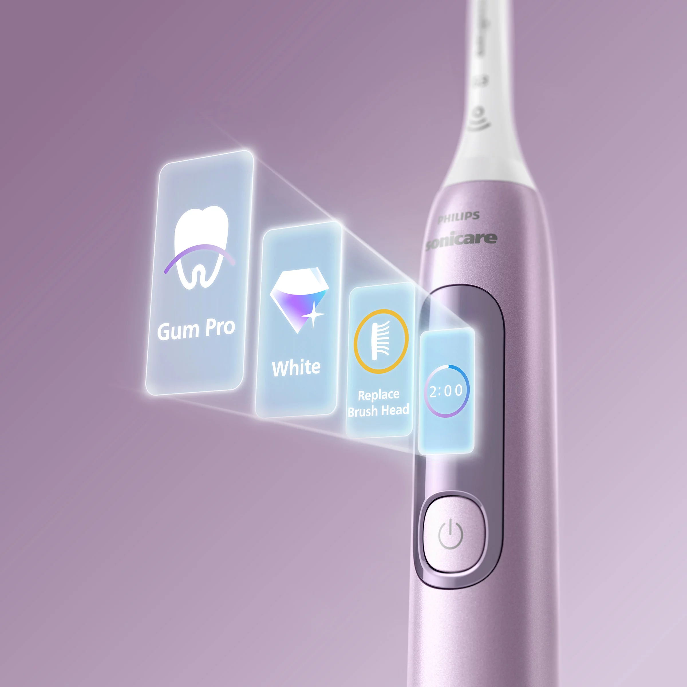 Fioletowa szczoteczka Philips Sonicare wyświetla tryby: Gum Pro, White, Replace Brush Head, Timer.