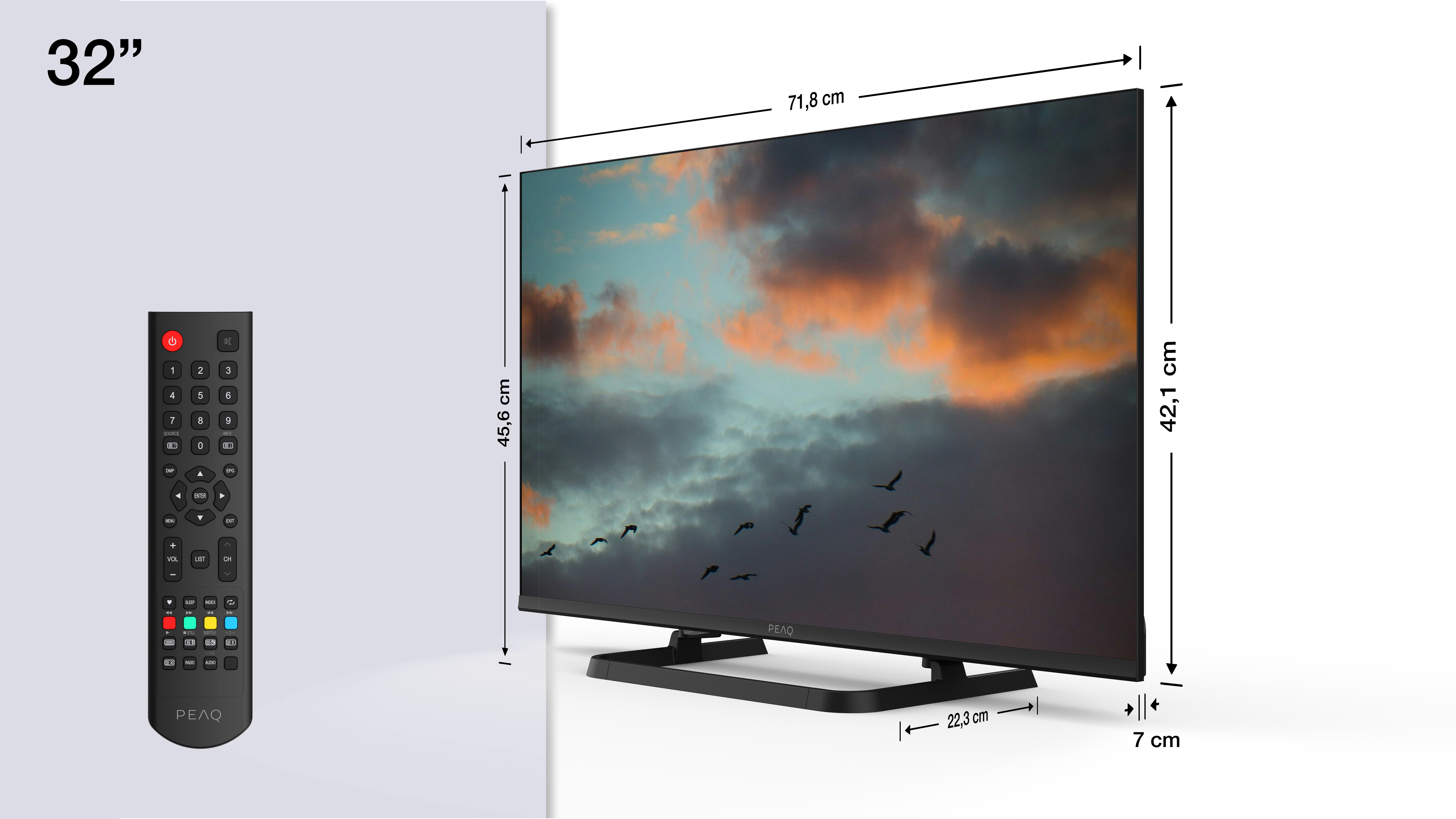 Ein 32-Zoll-Fernseher mit Fernbedienung, Maße sind angegeben.