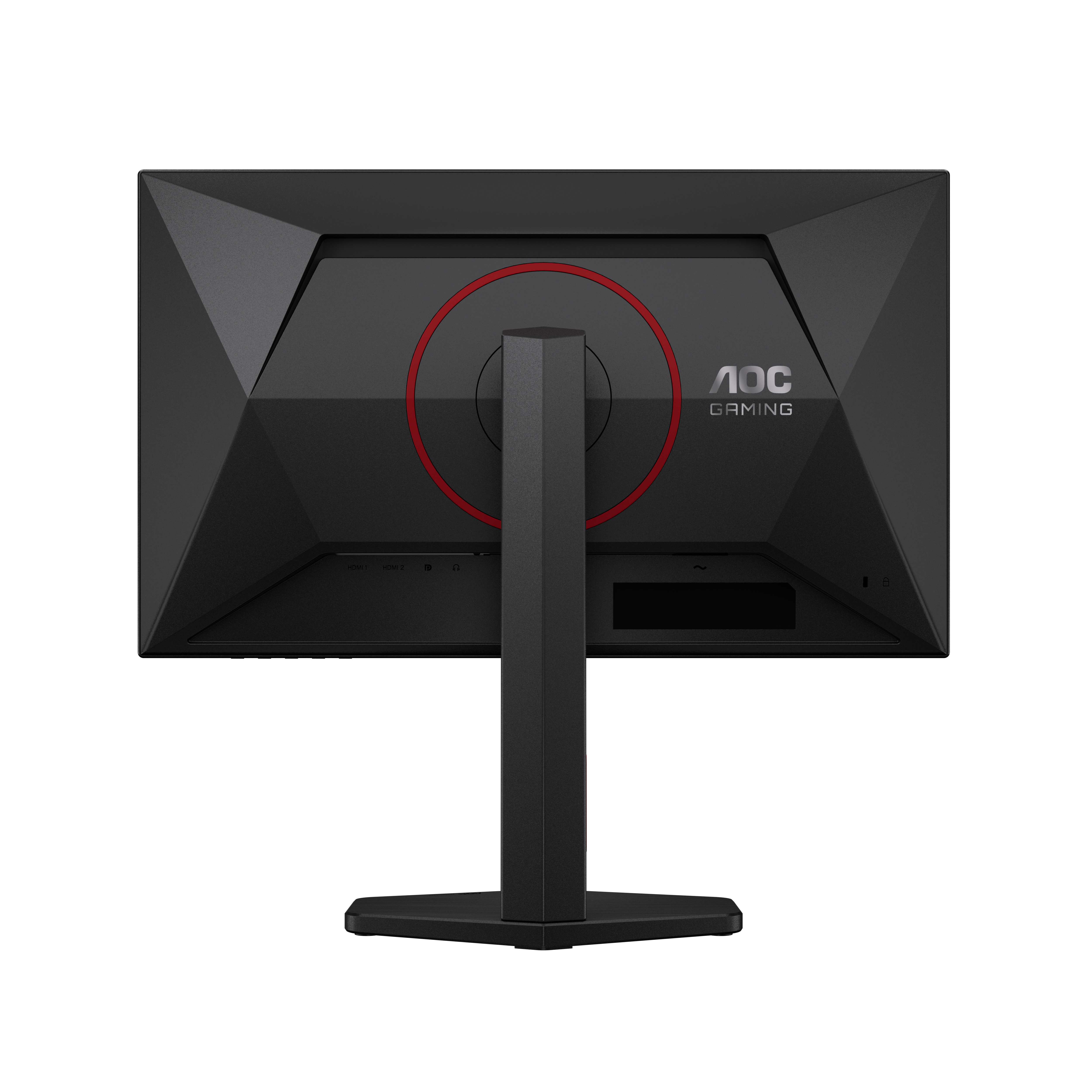 Rückseite eines schwarzen AOC Gaming Monitors mit rotem Ring um den Ständeranschluss.