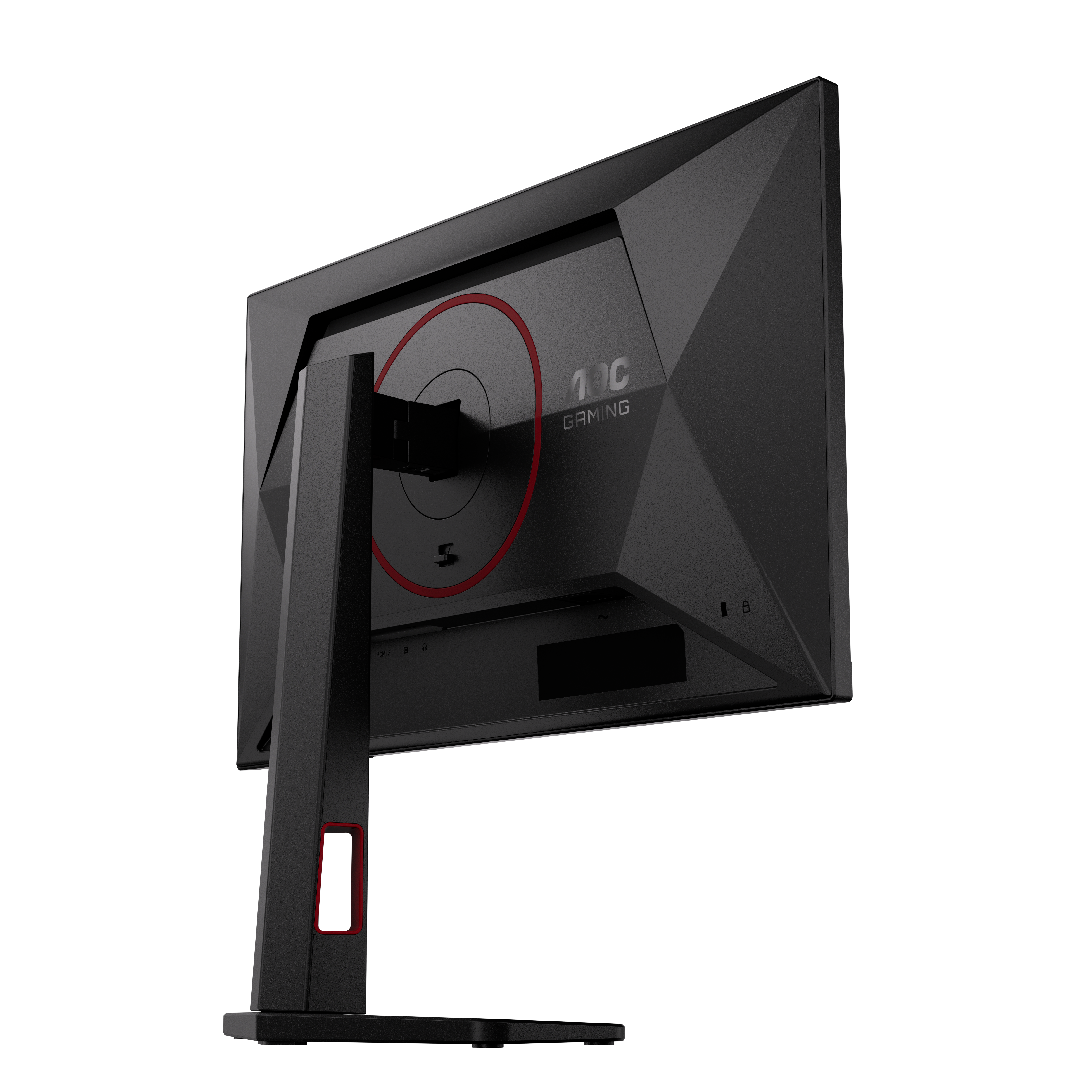 Rückseite eines schwarzen AOC Gaming Monitors mit rotem Akzentring und Standfuß.