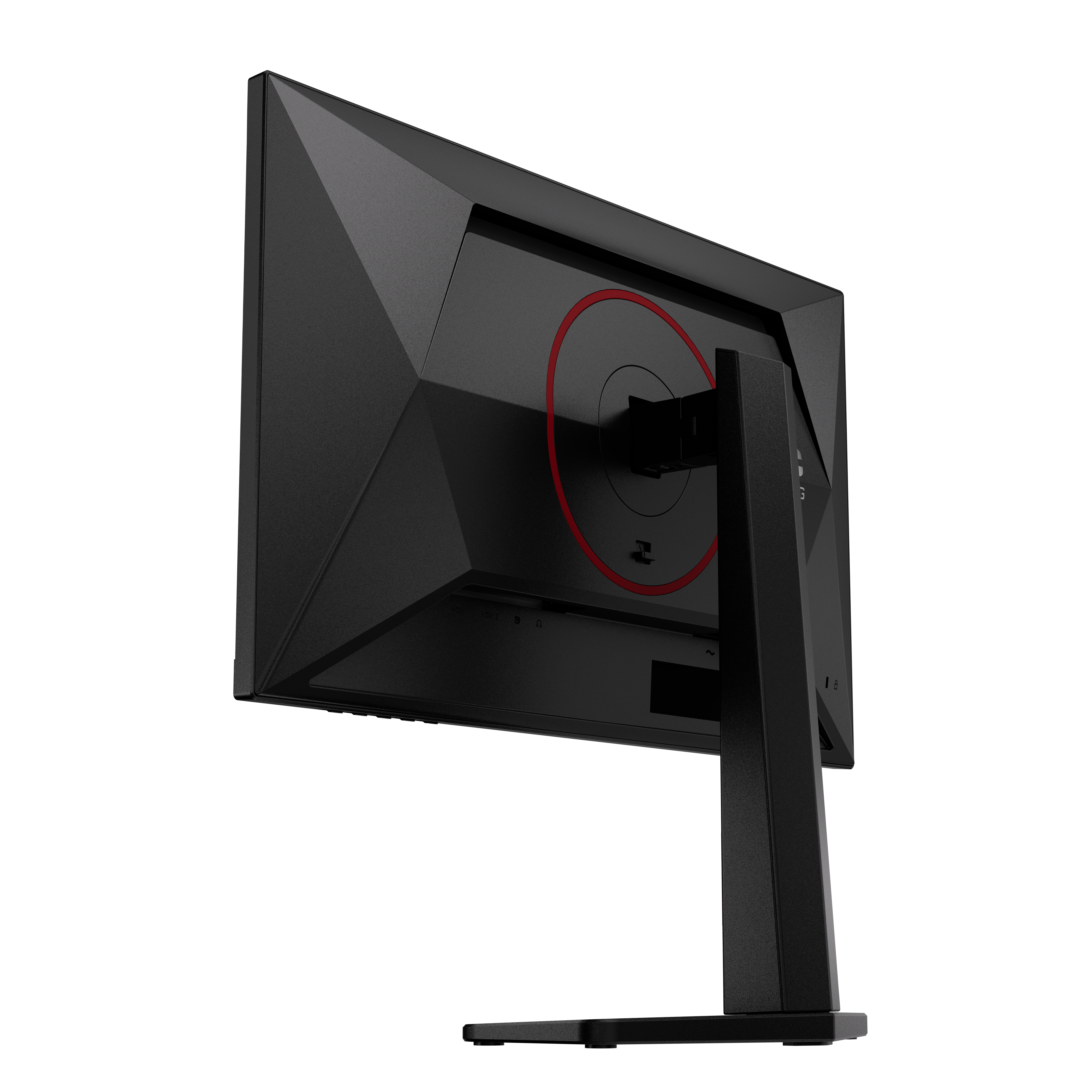Rückseite eines schwarzen Monitors mit roten Akzenten und schwarzem Standfuß.