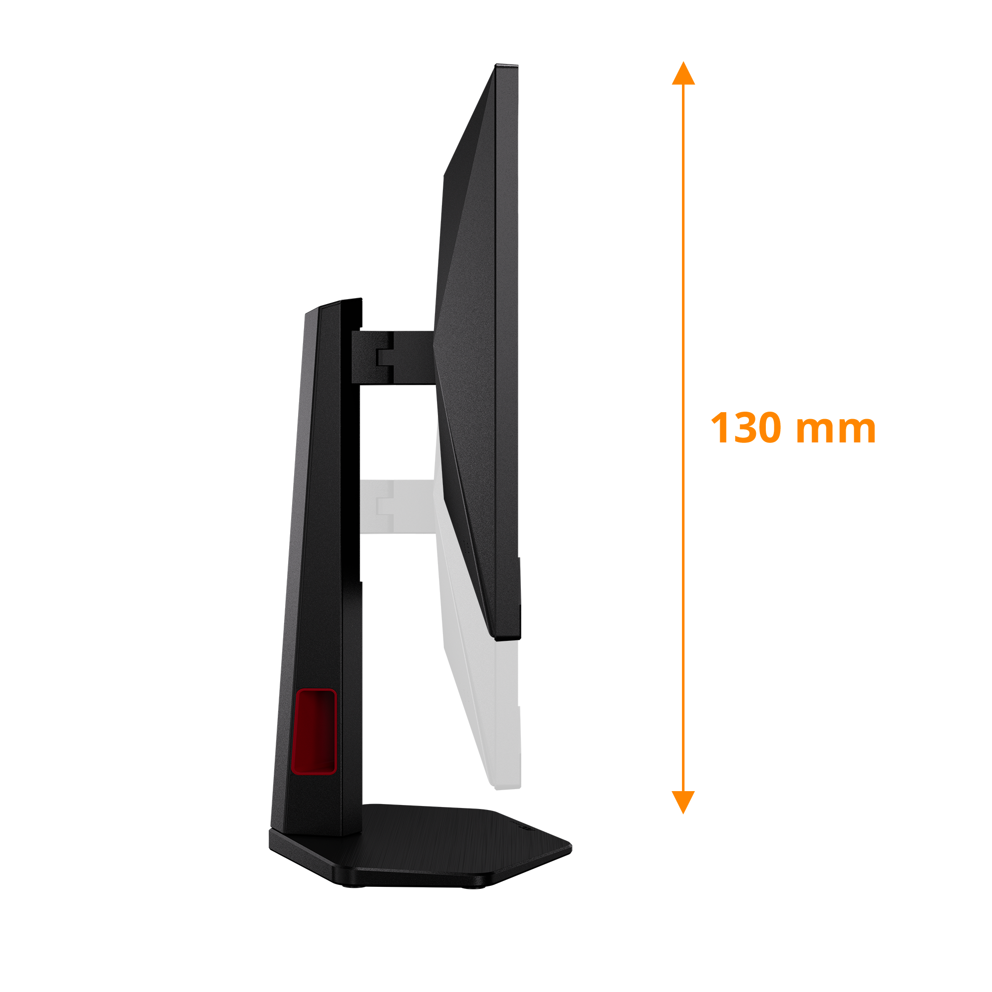 Seitenansicht eines schwarzen Monitors mit Ständer. Beschriftung zeigt 130 mm.