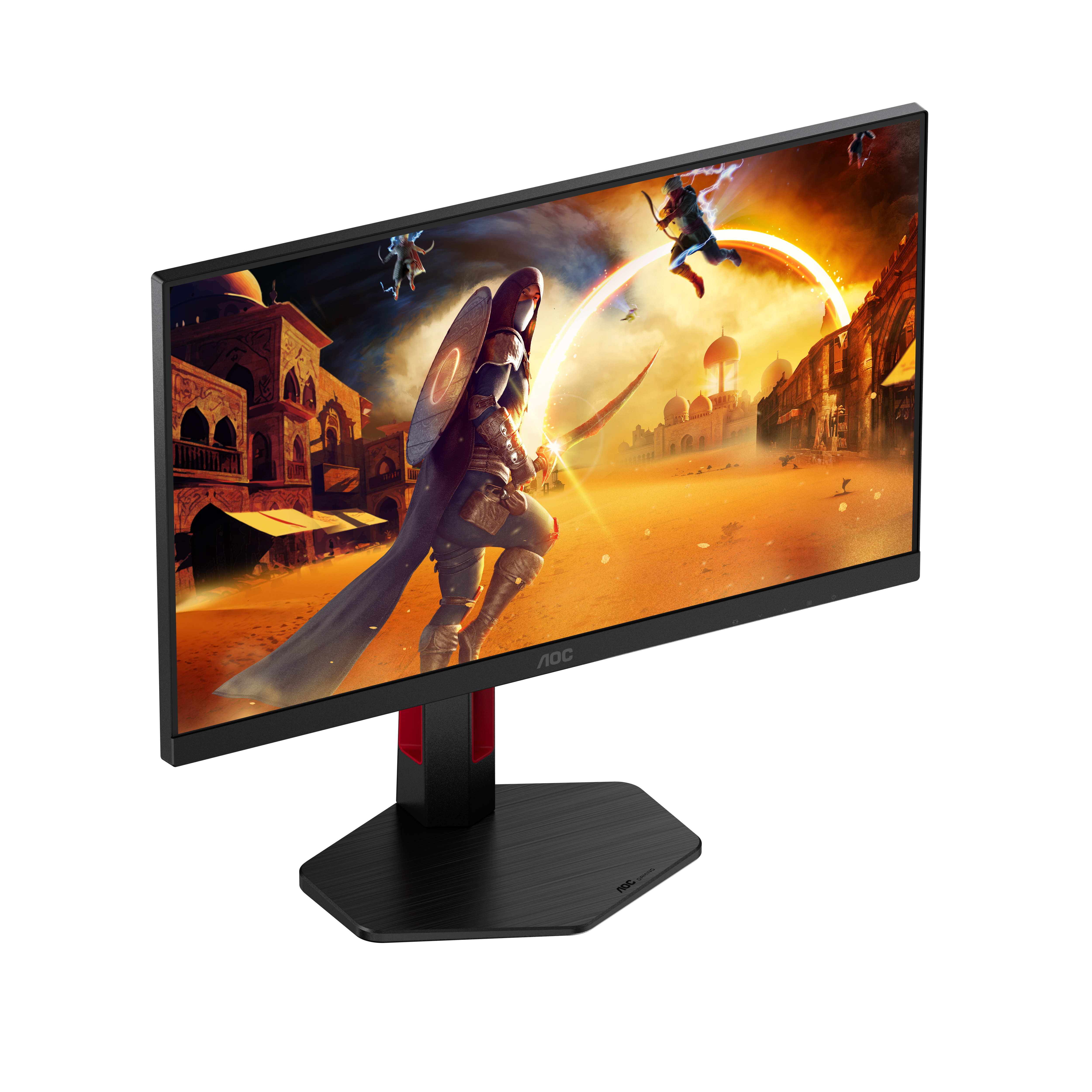 Ein Gaming-Monitor zeigt eine Szene mit Kriegern in einer Wüstenstadt.
